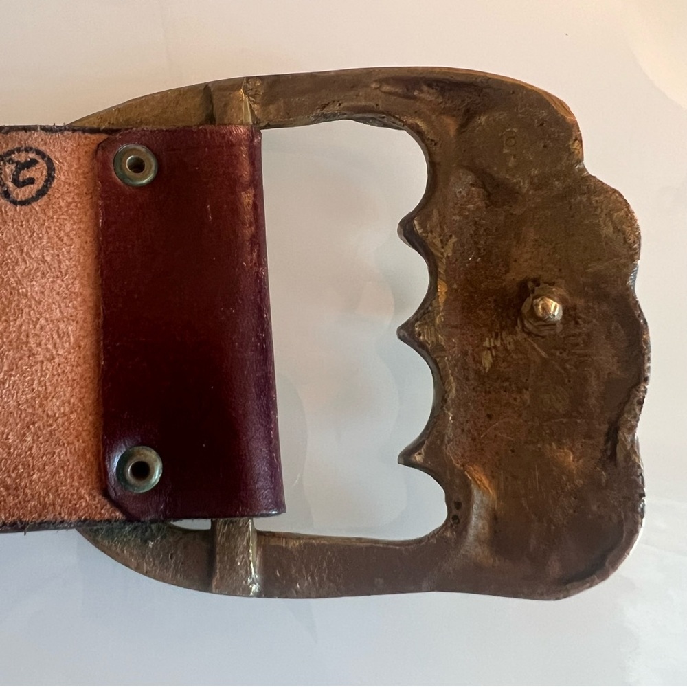 Vintage Wide Burgundy Leather Solid brass buckle vintage belt - Picture 3 of 13